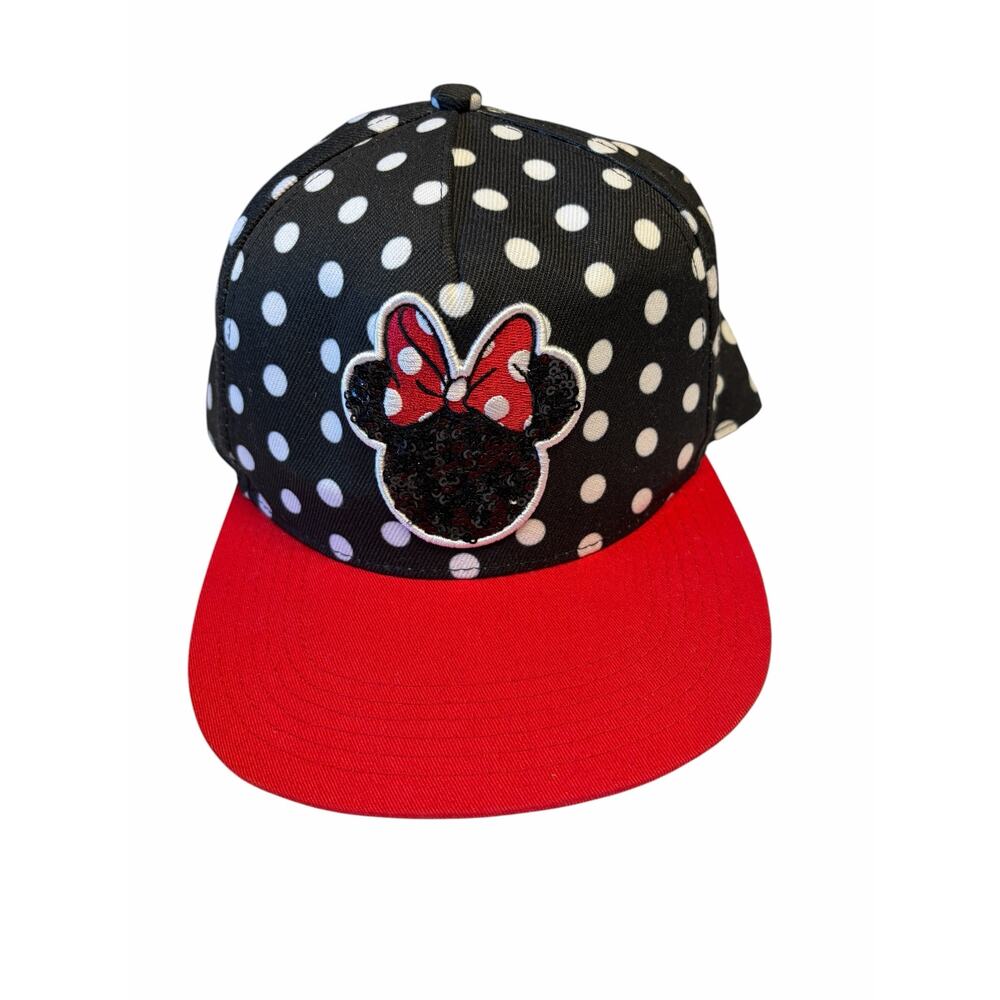 Disney Minnie Mouse Polka Dot Snapback Hat Red Black Sequin Cap